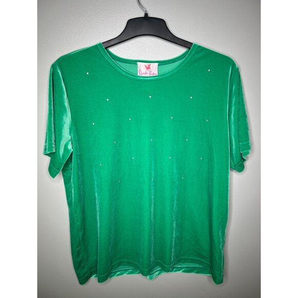 Quacker Factory Womens Green Rhinestone Embellished Short Sleeve Top L - Picture 8 of 8